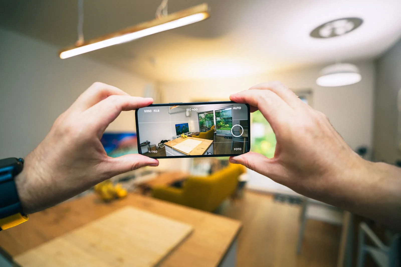 Due mani tengono uno smartphone e fotografano un soggiorno arredato