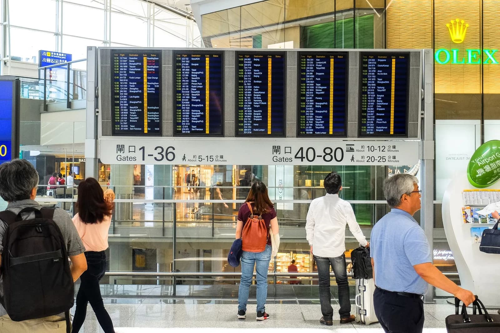 Passeggeri davanti al tabellone delle partenze di un aeroporto