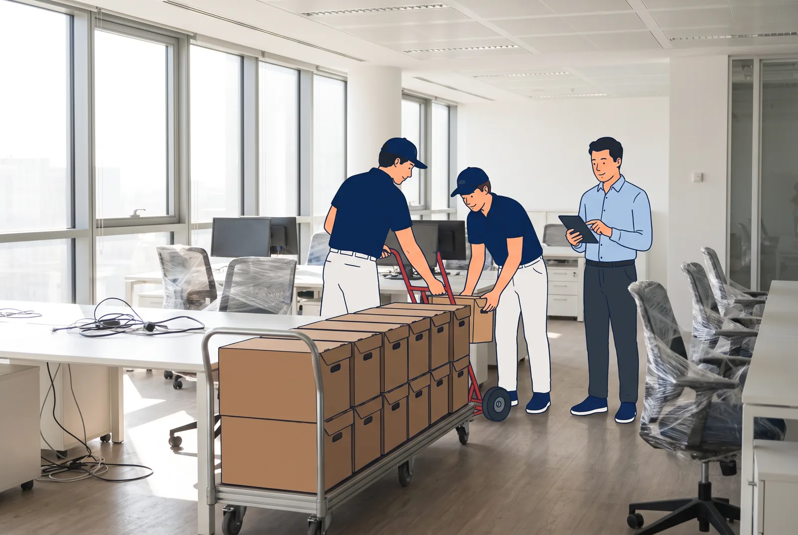 Illustrazione: due smover caricano scatole d'archivio su un carrello in un ufficio in riorganizzazione, mentre il responsabile controlla l'elenco sul tablet.