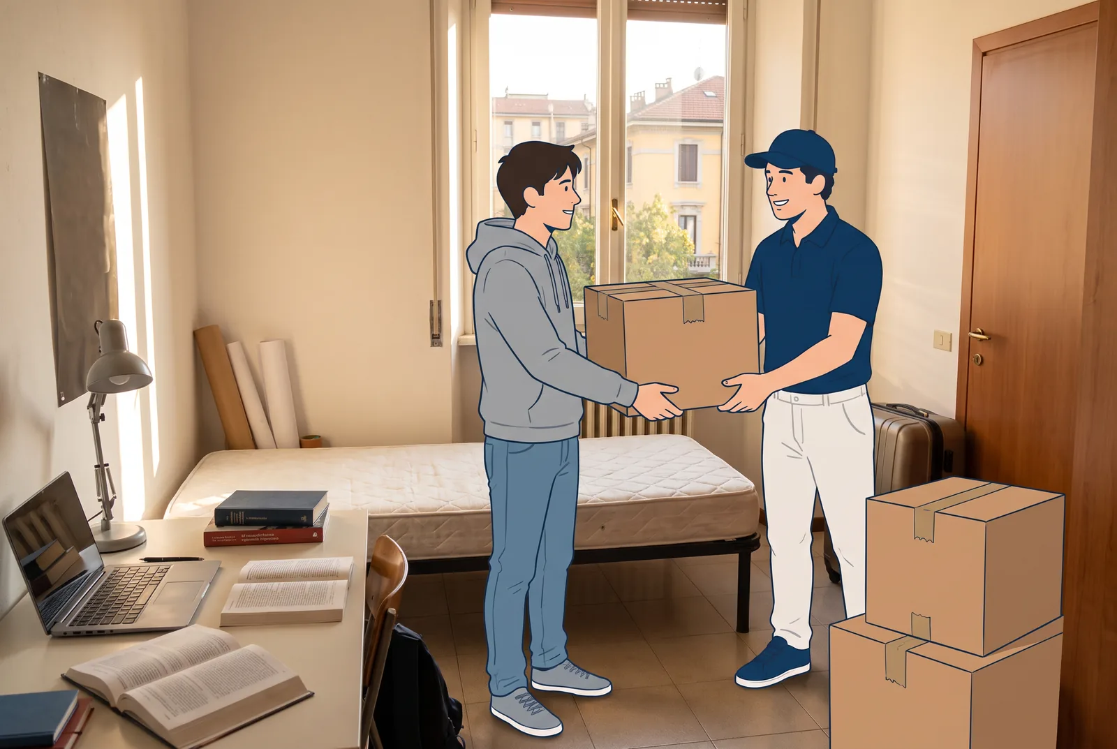 Illustrazione: uno studente riconsegna uno scatolone a uno smover nella sua stanza, con la valigia e gli altri scatoloni pronti per la partenza.