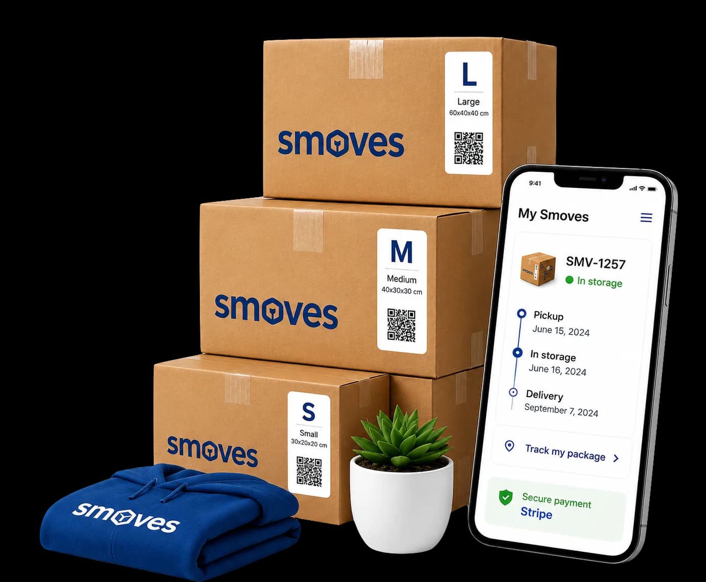 Smoves boxes and furniture ready for storage during a move in Milan, with doorstep pickup and QR tracking.