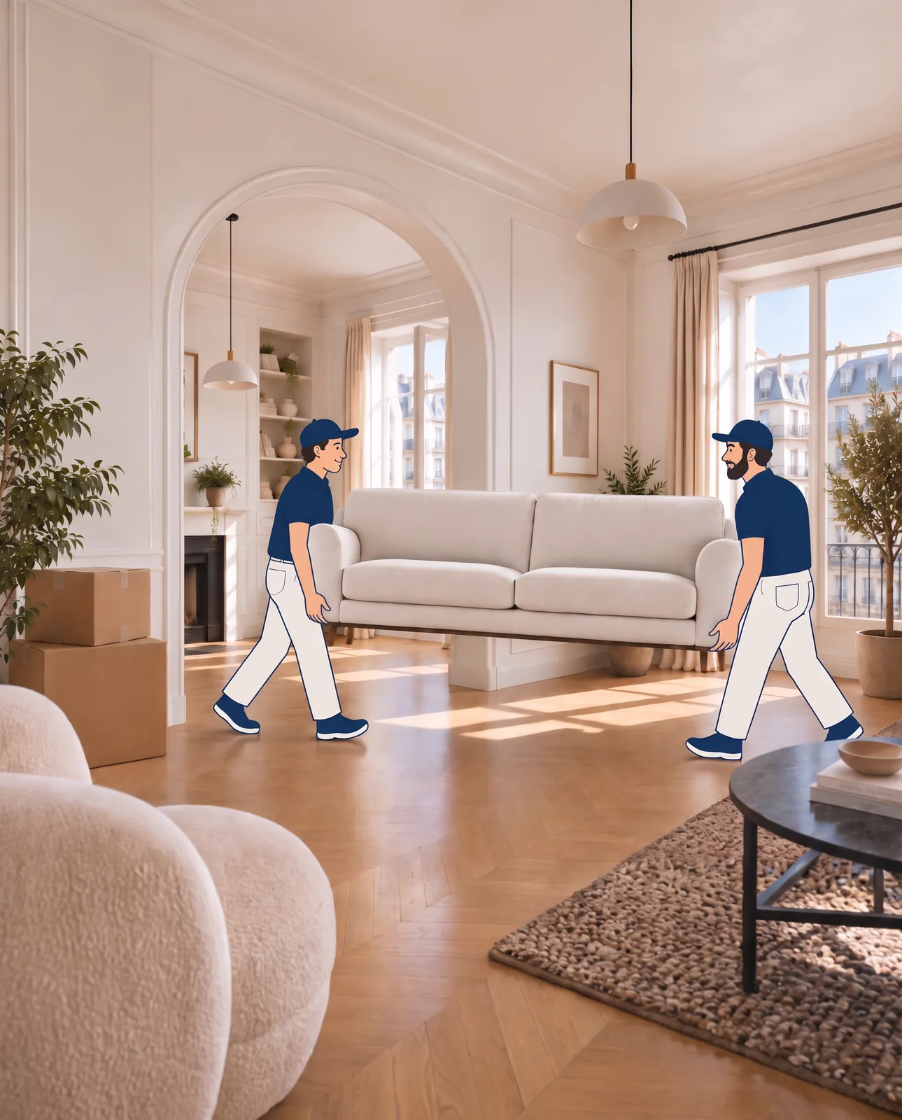 Two Smoves movers in uniform carry a sofa across a bright living room: self storage comes to your home.