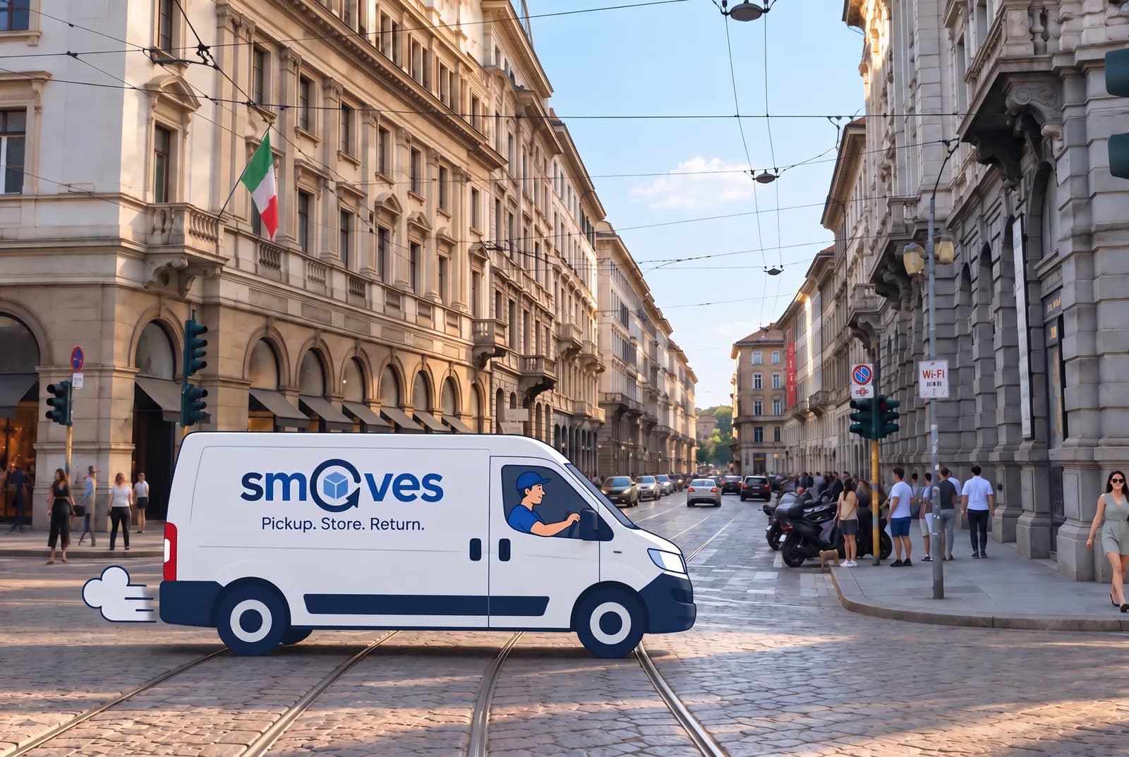 The Smoves van crosses a city-center street over the tram tracks, reading Pickup. Store. Return.