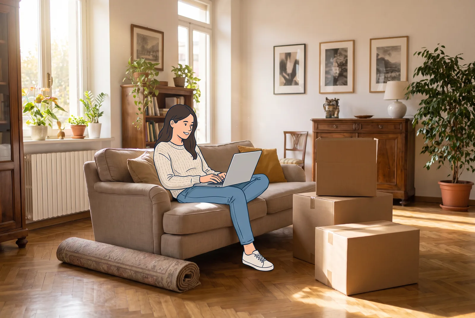 A student on the sofa requests a quote on her laptop, with the boxes already packed beside her.